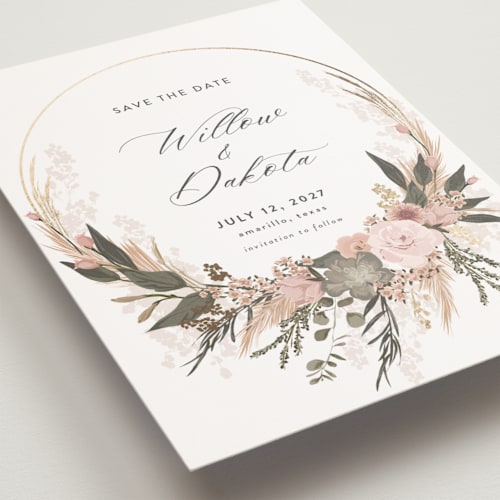 This is a blush save the date postcards with foil pressed by Susan Moyal called botanical edge printing on signature in postcard