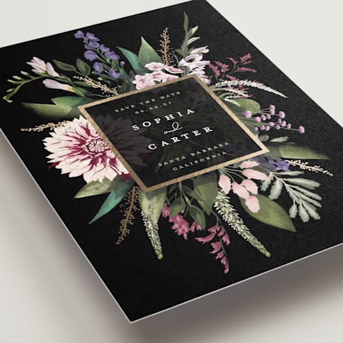This is a midnight save the date postcards with foil pressed by Susan Moyal called bold bouquet printing on signature in postcard