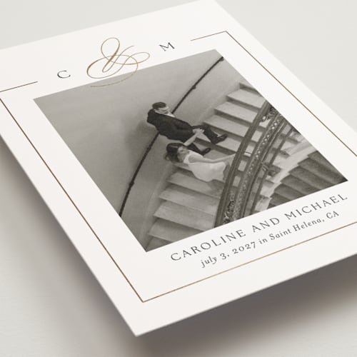 This is a silk save the date postcards with foil pressed by Kelly Schmidt called framed monogram printing on signature in postcard