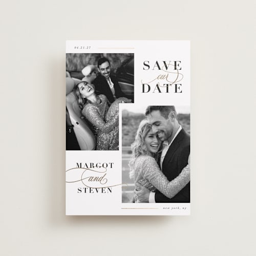 This is a cloud petite save the dates with foil pressed by Ashlee Townsend called double up printing on recycled smooth signature in petite