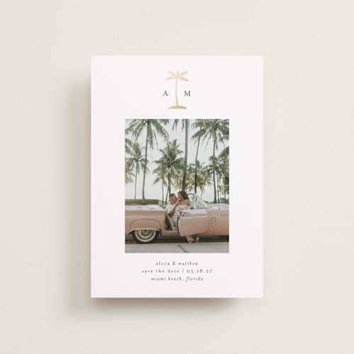 This is a coconut petite save the dates with foil pressed by Heather Schertzer called palm tree printing on recycled smooth signature in petite