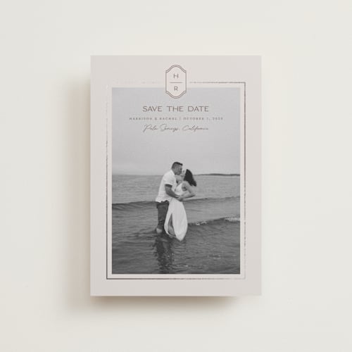This is a dove petite save the dates with foil pressed by Rachelle Clarke called modern monogram printing on recycled smooth signature in petite