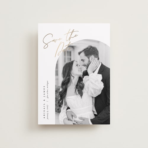 This is a snow petite save the dates with foil pressed by Pixel and Hank called capture printing on recycled smooth signature in petite