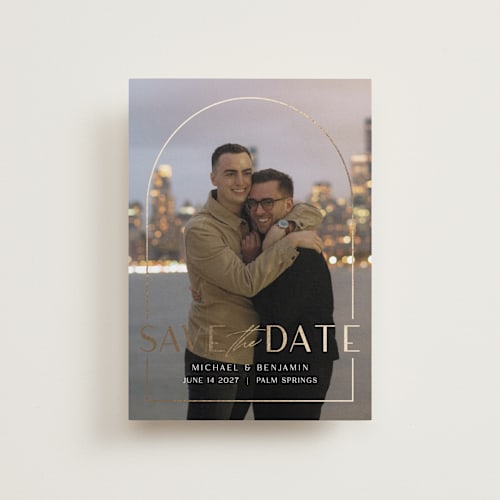 This is a cloud petite save the dates with foil pressed by silverscreen studio called deco arch printing on recycled smooth signature in petite