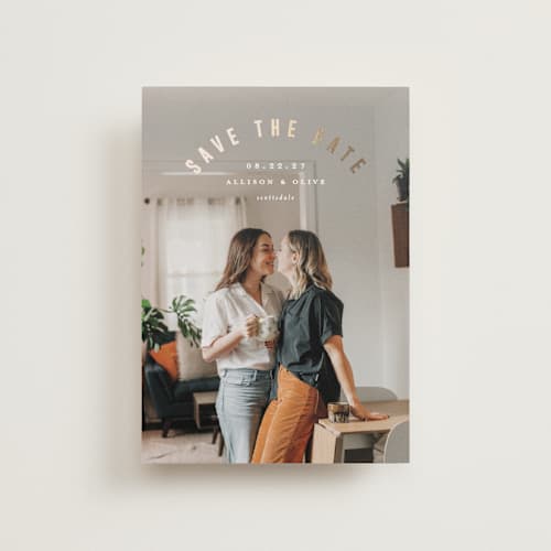 This is a twinkle petite save the dates with foil pressed by Pixel and Hank called horizon printing on recycled smooth signature in petite