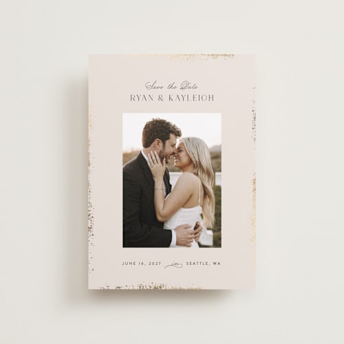 This is a pearl petite save the dates with foil pressed by Itsy Belle Studio called gilde edge printing on recycled smooth signature in petite