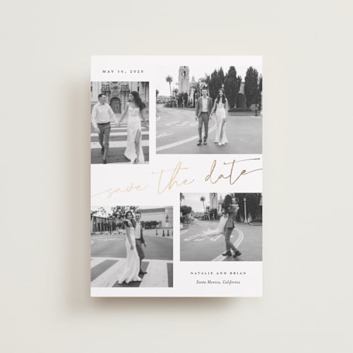 This is a snow petite save the dates with foil pressed by Sarah Curry called minimal holiday gallery printing on recycled smooth signature in petite