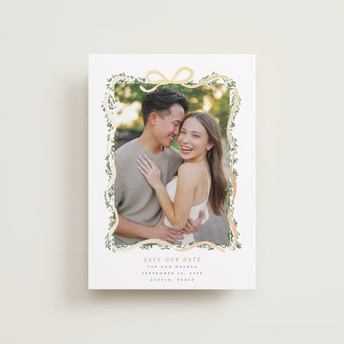 This is a butter petite save the dates with foil pressed by Itsy Belle Studio called ribbonly frame printing on recycled smooth signature in petite