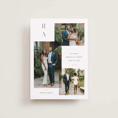 This is a cotton petite save the dates with foil pressed by Jessica Williams called multiple printing on recycled smooth signature in petite