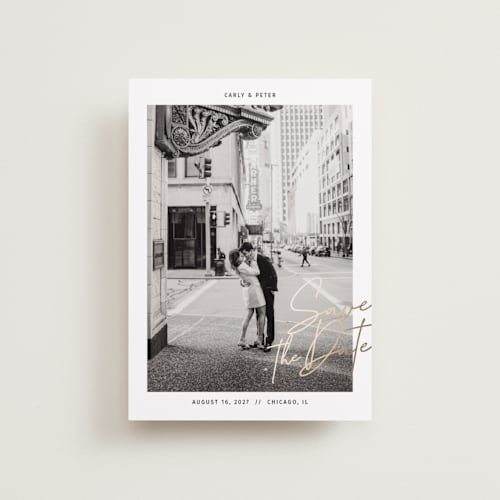 This is a midnight petite save the dates with foil pressed by Inkblot Design called metro printing on recycled smooth signature in petite