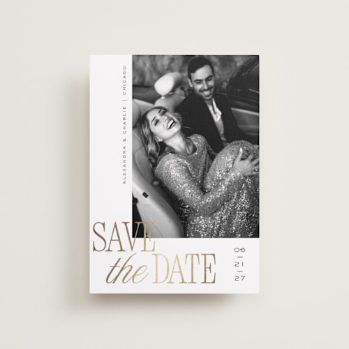 This is a pearl petite save the dates with foil pressed by Melanie Kosuge called right side printing on recycled smooth signature in petite
