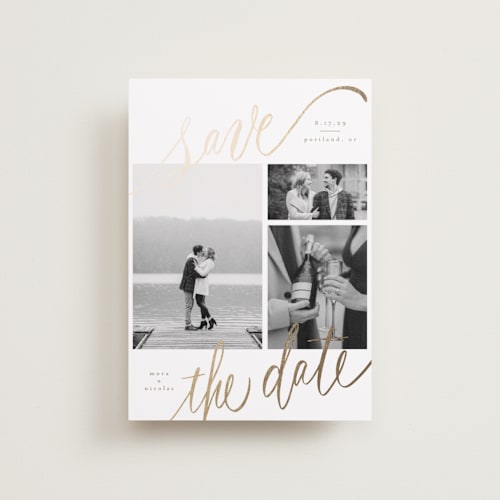 This is a veil petite save the dates with foil pressed by Elsa Duncan called tri-photo save the date printing on recycled smooth signature in petite
