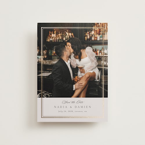 This is a linen petite save the dates with foil pressed by Nicole Walsh called shimmer printing on recycled smooth signature in petite