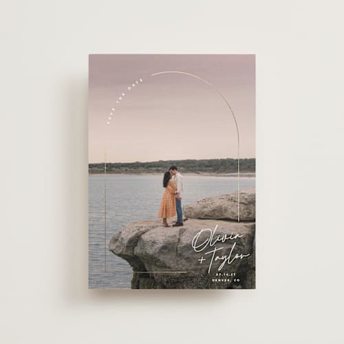 This is a classic petite save the dates with foil pressed by Kelly Schmidt called arch signature printing on recycled smooth signature in petite