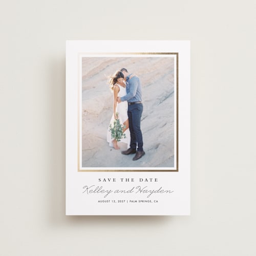 This is a sunshine petite save the dates with foil pressed by Stacey Meacham called classic printing on recycled smooth signature in petite
