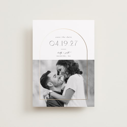 This is a cotton petite save the dates with foil pressed by Everett Paper Goods called inverse printing on recycled smooth signature in petite