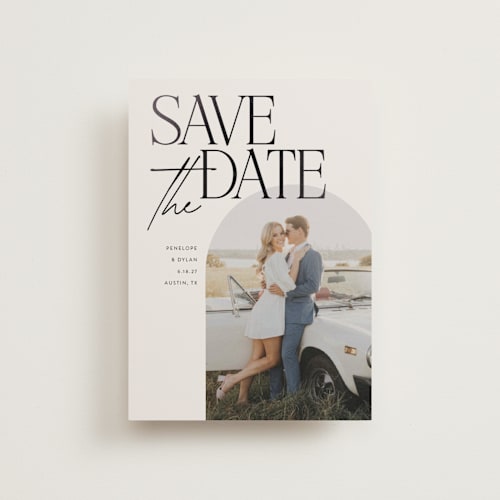 This is a ecru petite save the dates with foil pressed by Morgan Kendall called penelope printing on recycled smooth signature in petite