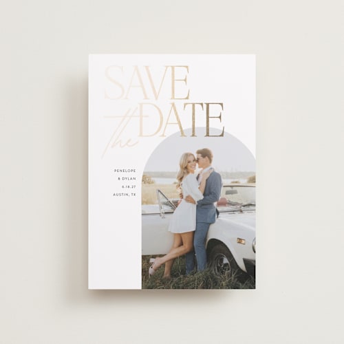 This is a cloud petite save the dates with foil pressed by Morgan Kendall called penelope printing on recycled smooth signature in petite