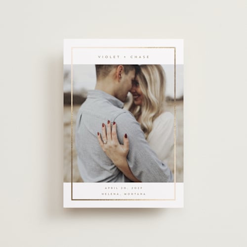 This is a latte petite save the dates with foil pressed by Rebecca Durflinger called contempo frame printing on recycled smooth signature in petite