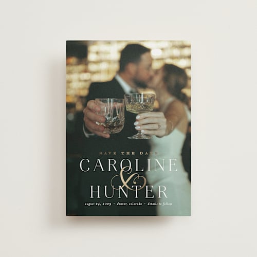 This is a pearl petite save the dates with foil pressed by Jennifer Postorino called entwine printing on recycled smooth signature in petite