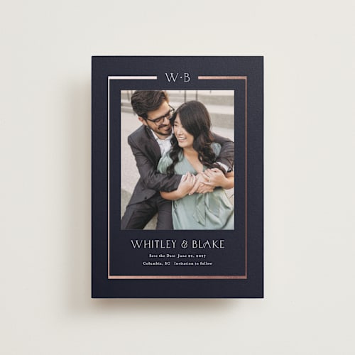 This is a ocean petite save the dates with foil pressed by Stacey Meacham called luster printing on recycled smooth signature in petite