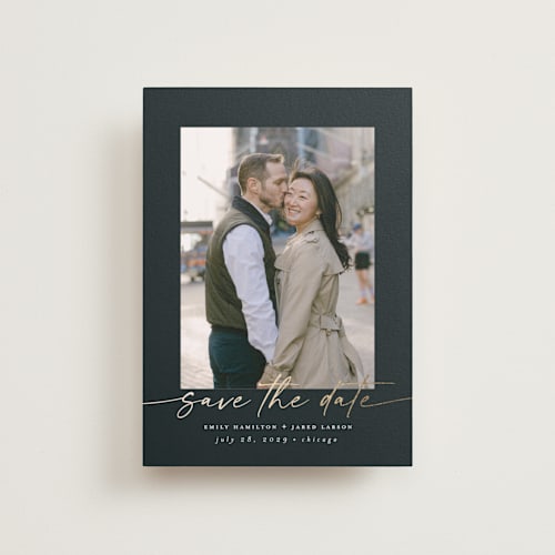 This is a midnight petite save the dates with foil pressed by Nicole Walsh called wrapped printing on recycled smooth signature in petite