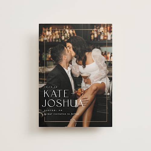 This is a pearl petite save the dates with foil pressed by Brooke Chandler called surround printing on recycled smooth signature in petite