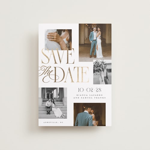 This is a paperwhite petite save the dates with foil pressed by Laura Hankins called layered printing on recycled smooth signature in petite