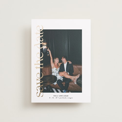This is a pearl petite save the dates with foil pressed by Roxy Cervantes called cover page printing on recycled smooth signature in petite