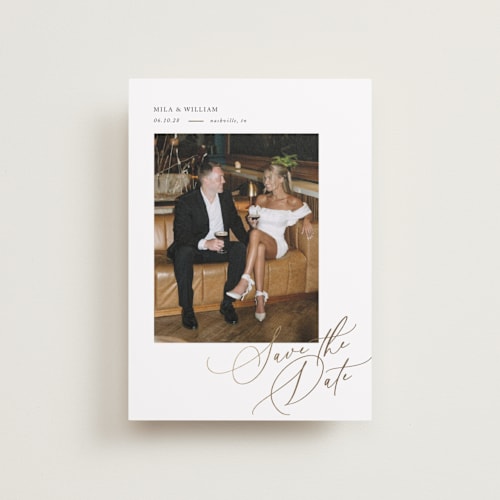 This is a pearl petite save the dates with foil pressed by Melanie Kosuge called side swept printing on recycled smooth signature in petite