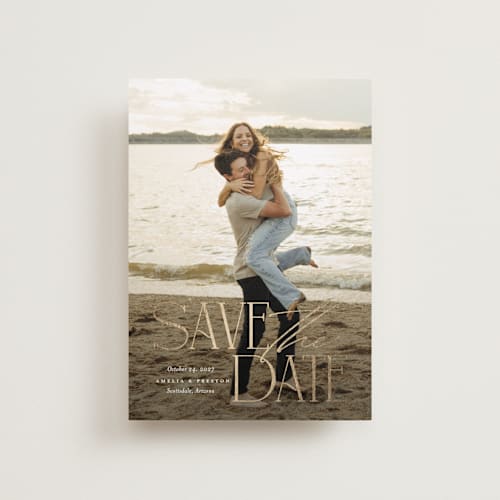 This is a sugar petite save the dates with foil pressed by Jessica Williams called stacked class printing on recycled smooth signature in petite