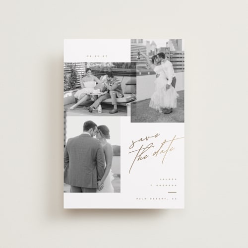 This is a cognac petite save the dates with foil pressed by Kristie Kern called forte printing on recycled smooth signature in petite