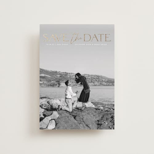 This is a moonstone petite save the dates with foil pressed by Olivia Raufman called breathtaking printing on recycled smooth signature in petite
