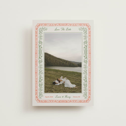 This is a vintage petite save the dates with standard by Elly called romantic floral printing on recycled smooth signature in petite