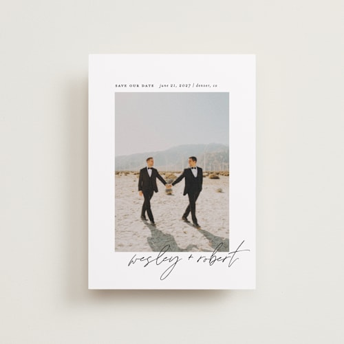 This is a silk petite save the dates with standard by Kelly Schmidt called horizon printing on recycled smooth signature in petite