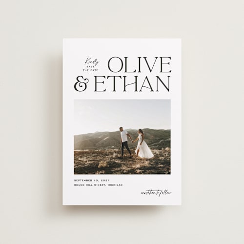 This is a pearl petite save the dates with standard by Owl and Toad called casual printing on recycled smooth signature in petite
