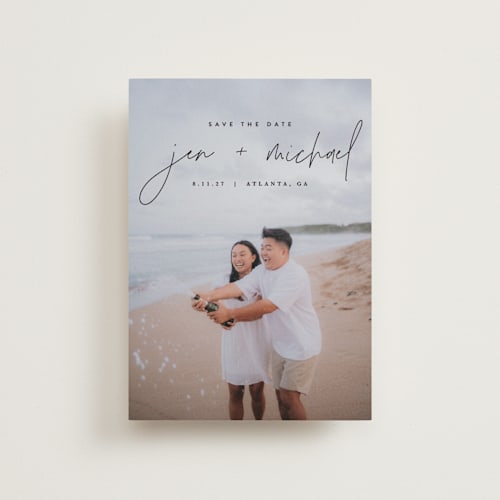 This is a noir petite save the dates with standard by JoAnn Jinks called penned printing on recycled smooth signature in petite