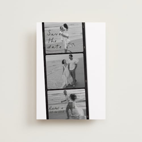 This is a onyx petite save the dates with standard by Sarah Mraz called filmstrip printing on recycled smooth signature in petite
