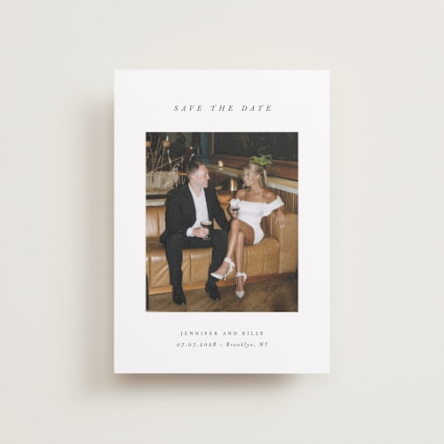 This is a chantilly petite save the dates with standard by Pippa Shaw called espresso printing on recycled smooth signature in petite