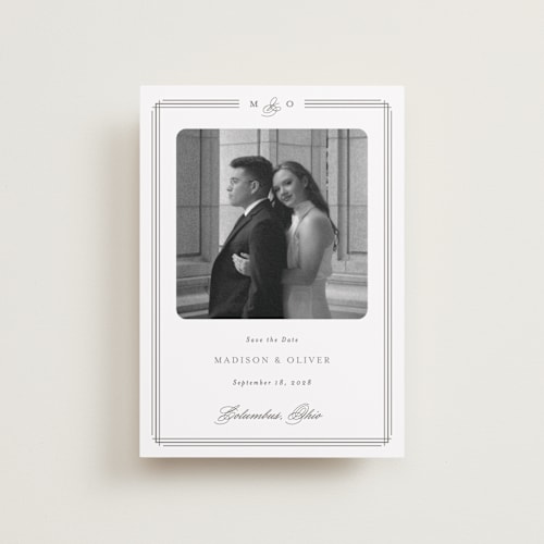 This is a cobblestone petite save the dates with standard by Emily Betts called lines printing on recycled smooth signature in petite