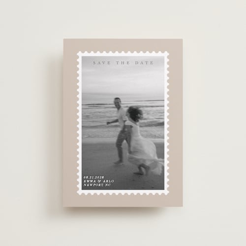 This is a taupe petite save the dates with standard by Claire called stamp printing on recycled smooth signature in petite