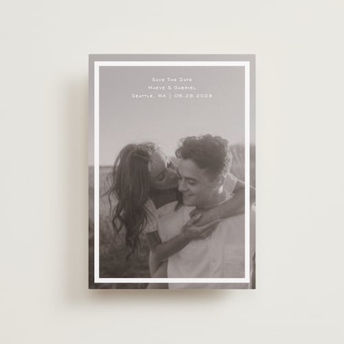 This is a quartz petite save the dates with standard by Jenny Millington called boxed in printing on recycled smooth signature in petite