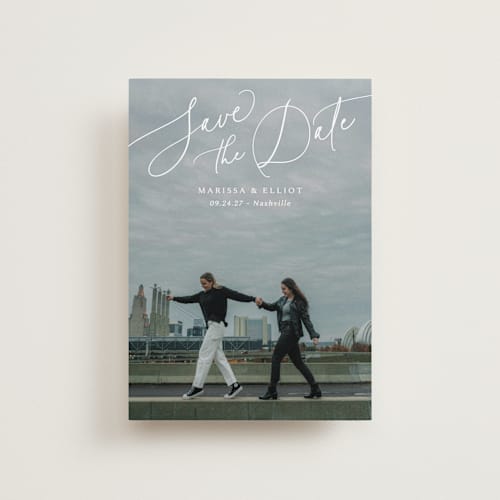 This is a pearl petite save the dates with standard by Kaydi Bishop called on the horizon printing on recycled smooth signature in petite