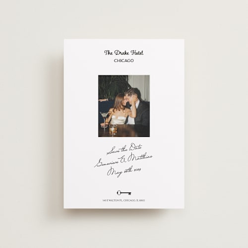 This is a ivory petite save the dates with standard by Studio Suku called hotel printing on recycled smooth signature in petite