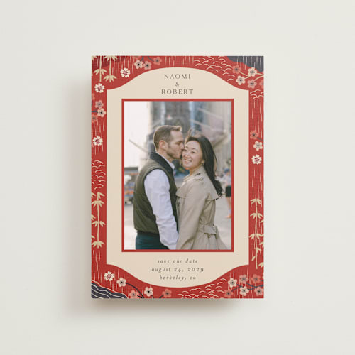 This is a rose petite save the dates with standard by Jennifer Holbrook called japanese textile printing on recycled smooth signature in petite