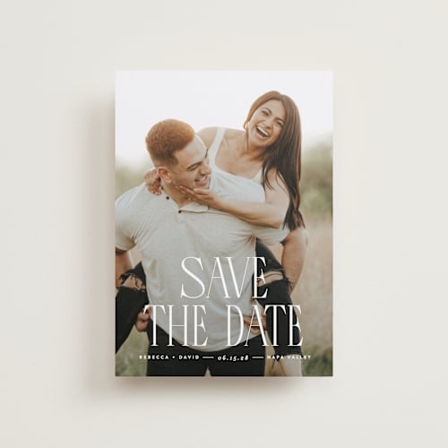 This is a cloud petite save the dates with standard by JoAnn Jinks called headlined printing on recycled smooth signature in petite