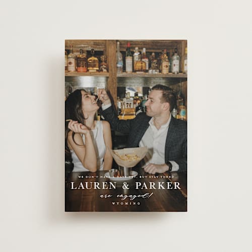 This is a pearl petite save the dates with standard by Oscar and Emma - Karly Depew called classic touch printing on recycled smooth signature in petite