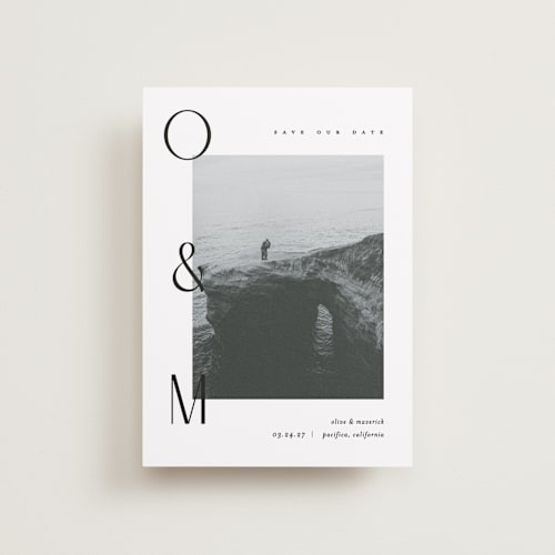 This is a moon petite save the dates with standard by Pixel and Hank called initial printing on recycled smooth signature in petite