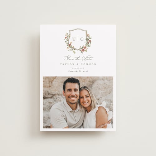 This is a mulberry petite save the dates with standard by Everett Paper Goods called foliage crest printing on recycled smooth signature in petite