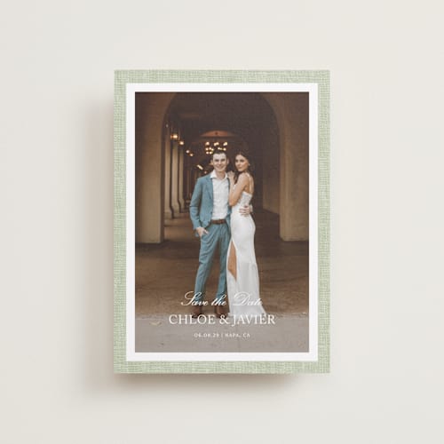 This is a garden petite save the dates with standard by Kelly Schmidt called summer linen printing on recycled smooth signature in petite